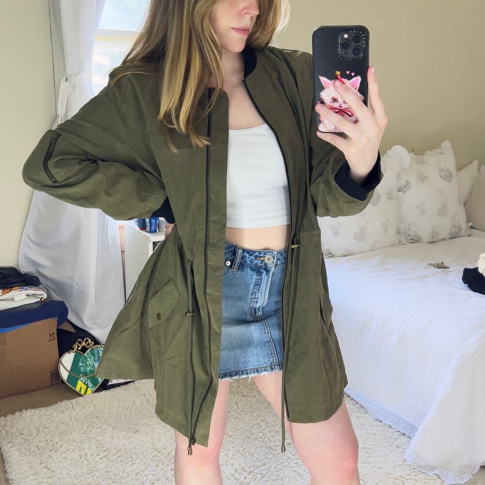 Perch by Blu Pepper Olive Green Jacket Plus Size 2XL Cinchwaist Bomber